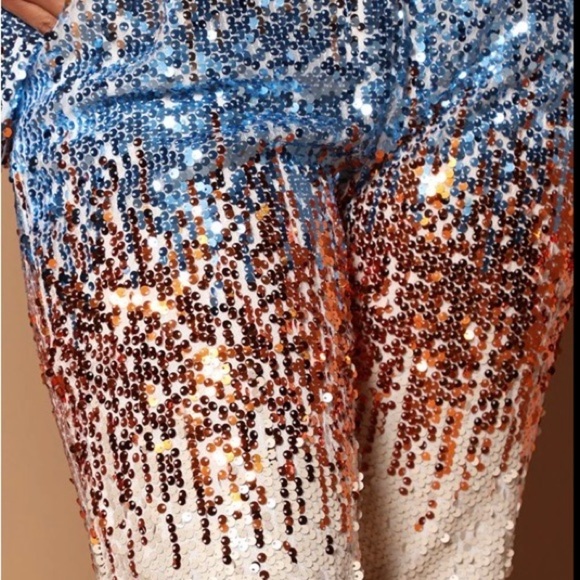 Fashion Nova Sequin Flare Pants Gold Blue White Size M New With Tags Party Glam - Picture 3 of 9
